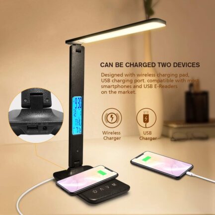 Lâmpada de mesa com calendário, temperatura, despertador ~ Eye Protect - LAOPAO 10W QI Carregamento sem fio LED - Image 4