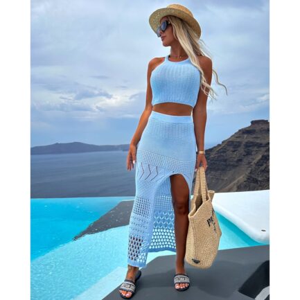 Conjunto de Praia Sexy 2024: Saída de Praia de Malha com Transparência e Conjunto de Blusa Camisole e Saia Longa - Image 3