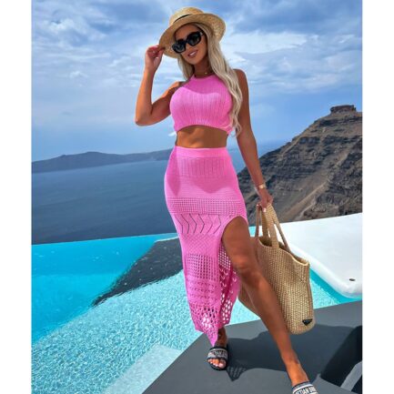 Conjunto de Praia Sexy 2024: Saída de Praia de Malha com Transparência e Conjunto de Blusa Camisole e Saia Longa - Image 7