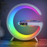 Estação de Carregamento Multifuncional sem Fios com Despertador, Coluna de Som, Controlo por APP, Luz Noturna RGB - Compatível com iPhone 11, 12, 13, 14 e Samsung"