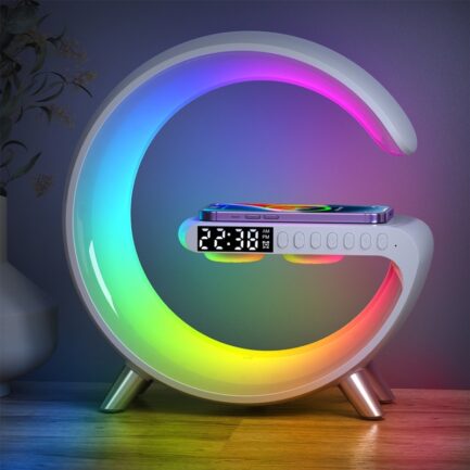 Estação de Carregamento Multifuncional sem Fios com Despertador, Coluna de Som, Controlo por APP, Luz Noturna RGB - Compatível com iPhone 11, 12, 13, 14 e Samsung"