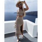 Conjunto de Praia Sexy 2024: Saída de Praia de Malha com Transparência e Conjunto de Blusa Camisole e Saia Longa