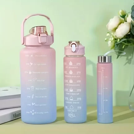 Conjunto 3pçs Garrafa De Água Plástico Fosco Gradiente Portátil com Marcador Motivacional - Image 8