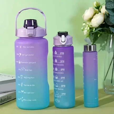 Conjunto 3pçs Garrafa De Água Plástico Fosco Gradiente Portátil com Marcador Motivacional - Image 9