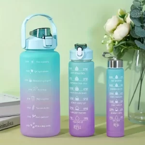 Conjunto 3pçs Garrafa De Água Plástico Fosco Gradiente Portátil com Marcador Motivacional