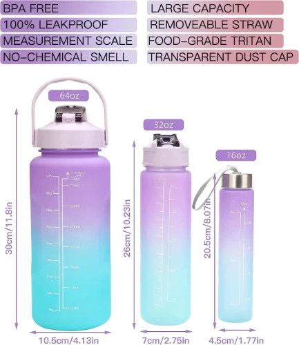 Conjunto 3pçs Garrafa De Água Plástico Fosco Gradiente Portátil com Marcador Motivacional - Image 4