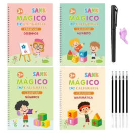 Conjunto de 4 Cadernos Mágicos de Caligrafia Copy Book Notebook Educacional Reutilizável em 5 idiomas - p/ Crianças +3 Anos