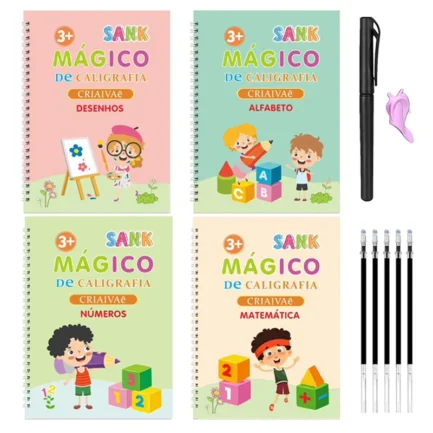 Conjunto de 4 Cadernos Mágicos de Caligrafia Copy Book Notebook Educacional Reutilizável em 5 idiomas - p/ Crianças +3 Anos